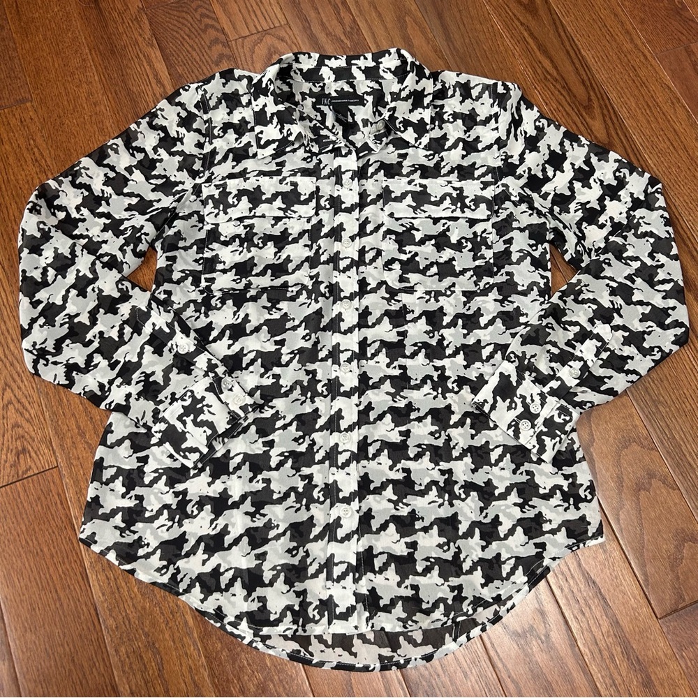 INC International Concepts Houndstooth Black Cream Patterned Shirt Size 4
